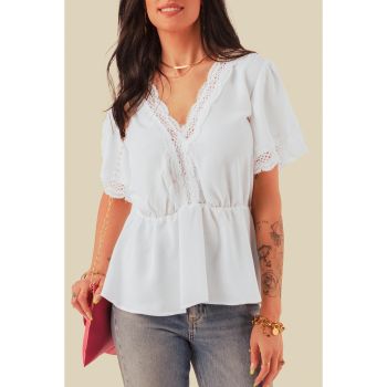 Azura Exchange V-Neck Lace Splicing Short Sleeve Blouse - L