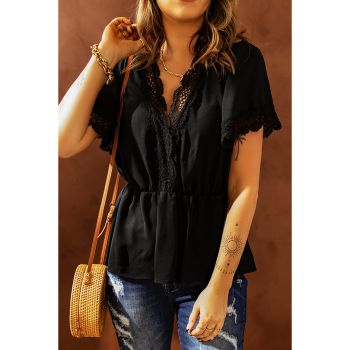 Azura Exchange Lace Splicing V Neck Blouse - S