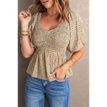 Azura Exchange Puff Sleeve Smocked Top with Floral Print - 2XL