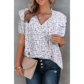 Azura Exchange Floral Print Smocked Ruffled V Neck T-shirt - 2XL