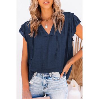 Azura Exchange Tiered Ruffled Drawstring V Neck Top - M