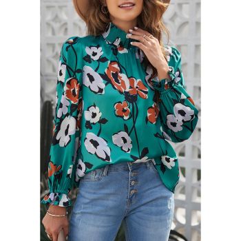 Azura Exchange Printed Smocked Mock Neck Blouse - 2XL