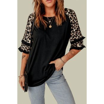 Azura Exchange Leopard Patchwork Ruffled Sleeve Top - M