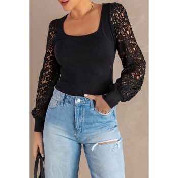 Azura Exchange Black Crochet Sleeve Square Neck Top - L