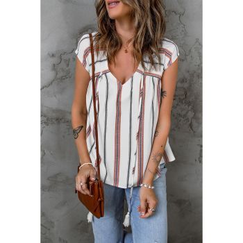 Azura Exchange Loose V Neck Short Sleeve Top with Striped Print - L