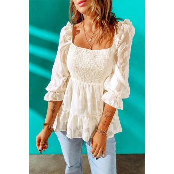 Azura Exchange Square Neck Smocked Puff Sleeve Blouse - L