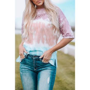 Azura Exchange Lace Stitching Tie-Dye Short Sleeve T-Shirt in 95% Polyester+5% Elastane - L