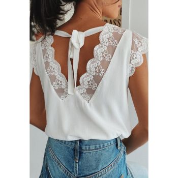 Azura Exchange Lace Patchwork Lace-up Backless V Neck Blouse - L