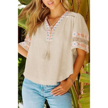 Azura Exchange Tassel Drawstring Embroidered V Neck Top - L