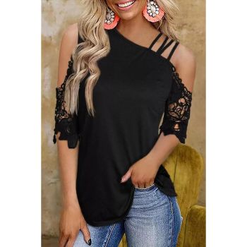 Azura Exchange Lace Splicing Strappy Cold Shoulder Top - M