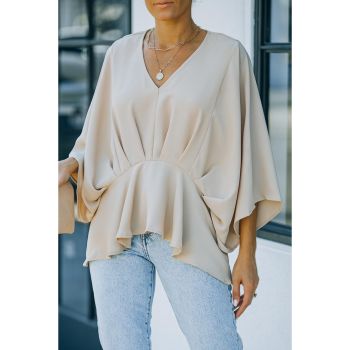 Azura Exchange Pleated Batwing Sleeve V Neck Blouse in 100% Polyester - M