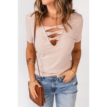 Azura Exchange Hollow-out Neck Rib Knit T Shirt - M