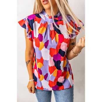 Azura Exchange Ruffle Cap Sleeve Frill Mock Neck Printed Top - 2XL