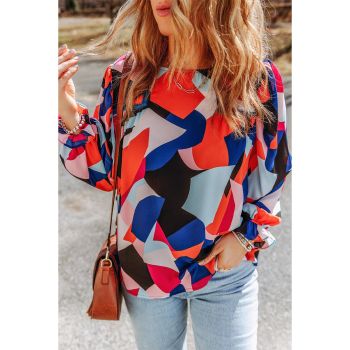 Azura Exchange Ruffled Puff Sleeve Abstract Pattern Blouse - M