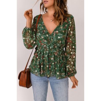 Azura Exchange Wrap V Neck Peplum Top with Floral Print - M