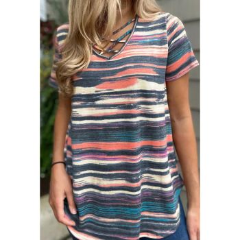 Azura Exchange Striped Crisscross Neck Short Sleeve Top - L