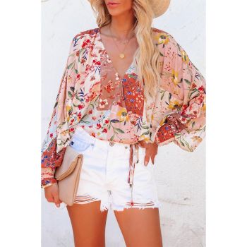 Azura Exchange Floral Print Patchwork Wrap V Neck Blouse - M