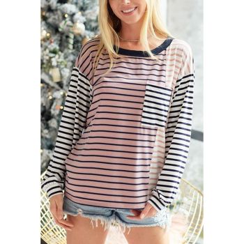 Azura Exchange Striped Patchwork Pocketed Long Sleeve Top - L