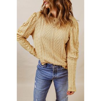 Azura Exchange Puffy Sleeve Khaki Textured Knit Top - L