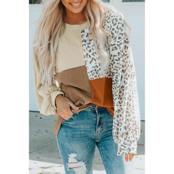 Azura Exchange Ribbed Khaki Leopard Patchwork Long Sleeve Top - S