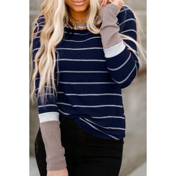 Azura Exchange Color Block Cuffs Rib Knit Striped Pullover - L