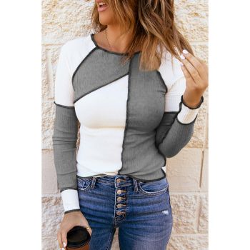 Azura Exchange Color Block Rib Knit Top with Irregular Seaming Trim - L