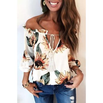 Azura Exchange Floral Off Shoulder Blouse with Ruffled Details and Tassel Tie - L