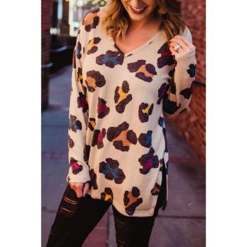 Azura Exchange Leopard Print V Neck Long Sleeve Top with Slits - S