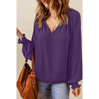 Azura Exchange Purple Pleated V Neck Puffy Sleeve Blouse - M