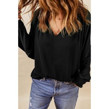 Azura Exchange Pleated V Neck Puffy Sleeve Blouse - 2XL