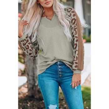 Azura Exchange Leopard Print Waffle Knit Long Sleeve Top - S