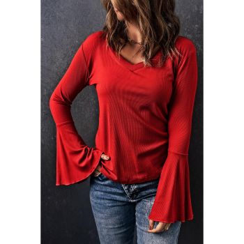 Azura Exchange V Neck Bell Sleeve Knit Top - L