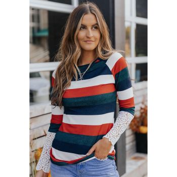 Azura Exchange Striped Lace Splicing Long Sleeve Top - 2XL