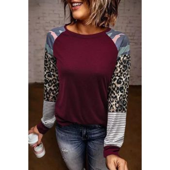 Azura Exchange Burgundy Camouflage Striped Leopard Splicing Blouse - S