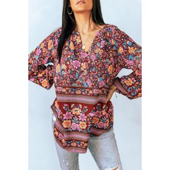 Azura Exchange V Neck Long Sleeve Blouse with Floral Print - 2XL