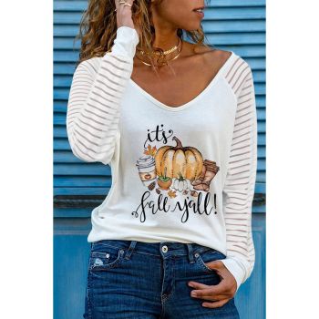 Azura Exchange Fall Pumpkin Graphic Print V Neck Top - L