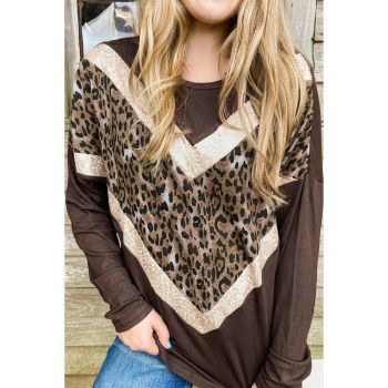 Azura Exchange Sequin Leopard Splicing Long Sleeve Top - L