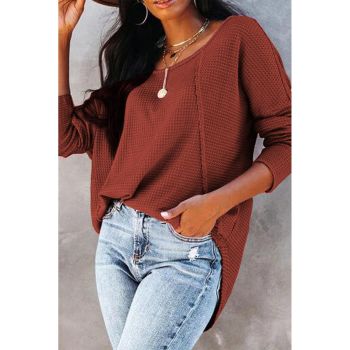 Azura Exchange Spliced Waffle Knit Long Sleeve Top with Button Detail - 2XL