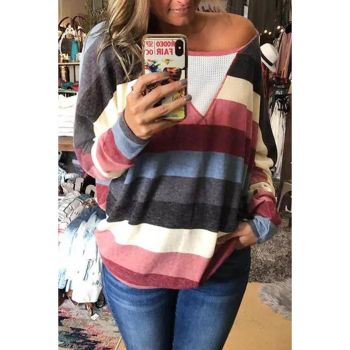 Azura Exchange Striped Mesh Splicing Round Neck Long Sleeve Top - L