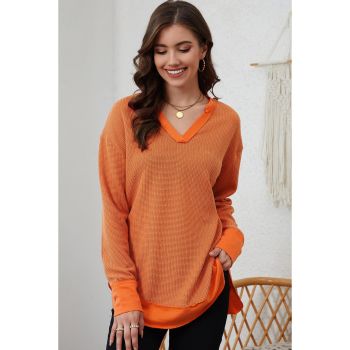 Azura Exchange Waffle Knit Patchwork V Neck Long Sleeve Top - L