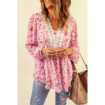 Azura Exchange V Neck Blouse with Floral Print and Lace Patchwork - L