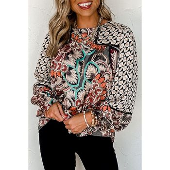 Azura Exchange Mixed Floral Geometric Print Ruffled Blouse - L