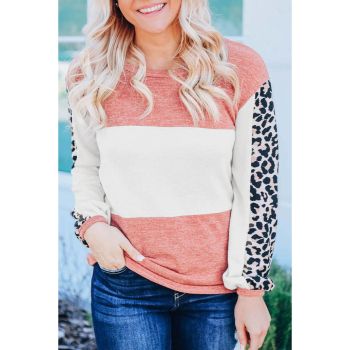 Azura Exchange Knitted Leopard Color Block Long Sleeve Top - M