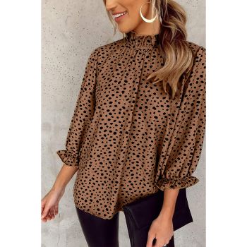 Azura Exchange Frilled Neck 3/4 Sleeves Cheetah Blouse - L