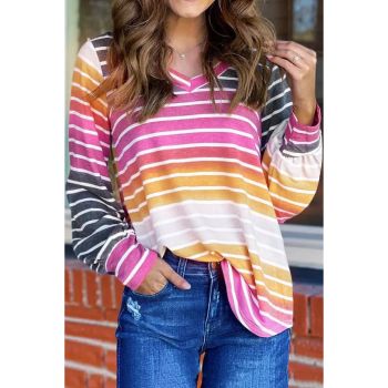 Azura Exchange Gradient Striped Long Sleeve V-Neck Blouse - L