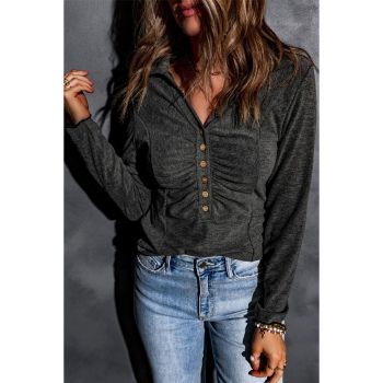 Azura Exchange V Neck Buttons Ruched Long Sleeve Top - 2XL