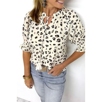 Azura Exchange Leopard Print Frilled Half Sleeve Blouse with Tassel Tie - M