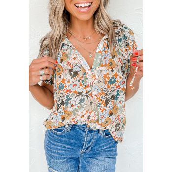 Azura Exchange Multicolor Split V Neck Flower Print Blouse - M