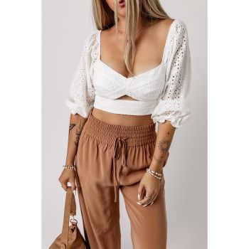 Azura Exchange Lace Crochet Zipped Knot Cropped Blouse - L