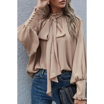 Azura Exchange Khaki Frilled Knotted Blouse with Bishop Sleeves - L